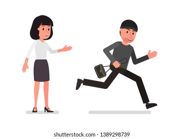 The attacker stole a girl's handbag. Vector illustration, flat style drawing.  Vector illustration, flat style drawing. Isolated on a white background.