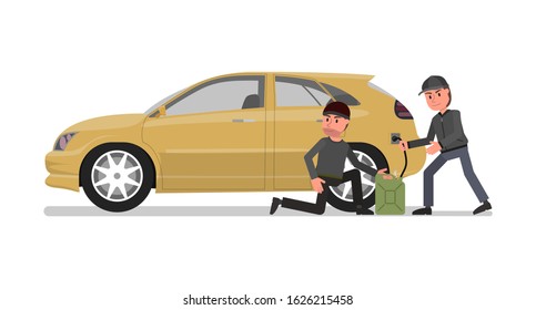 Attackers steal fuel from a car. Vector illustration. Isolated on a white background.