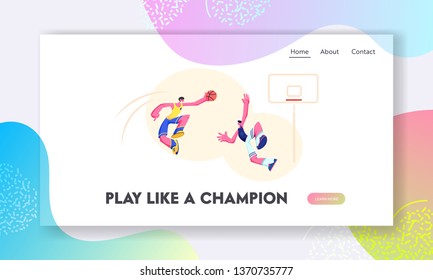Attacking Basketball Player Trying to Score Goal into Basket, Defender Preventing. Sports Team Tournament, Sportsmen in Game. Website Landing Page, Web Page. Cartoon Flat Vector Illustration, Banner