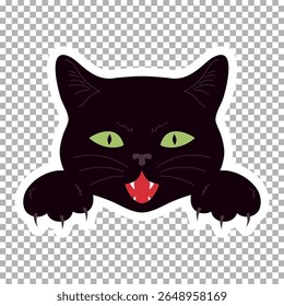 Atacando a face do gato preto com presas e garras afiadas. Adesivo de gato vampiro. Ilustração vetorial