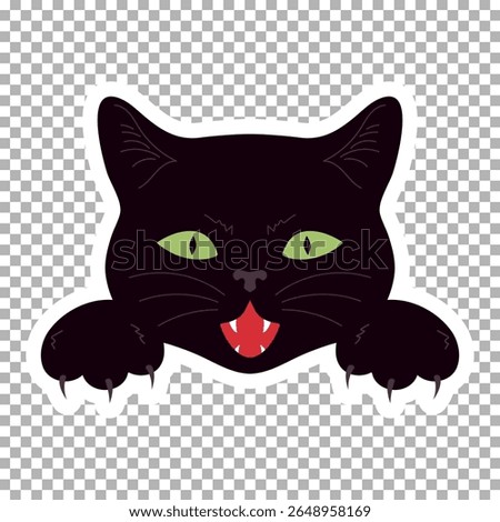 Attacking black cat face with fangs and sharp claws. Vampire cat sticker. Vector illustration