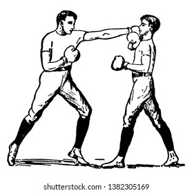 Attacking boxer is hitting on head of other boxer and other boxer defending himself, vintage line drawing or engraving illustration.