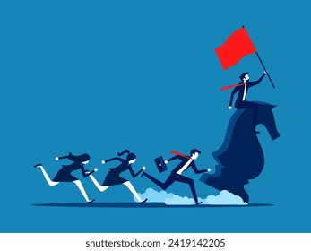 Attacking business, leadership. Businessman riding a chess horse holding a red flag 