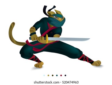 Attacking cat ninja. Kung-fu kick. Vector mascot warrior character.