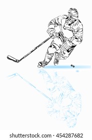 attacking hockey player with a stick on the ice and his shadow and reflection