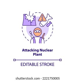 Attacking nuclear plant concept icon. Terrorism danger. Contamination accident cause abstract idea thin line illustration. Isolated outline drawing. Editable stroke. Arial, Myriad Pro-Bold fonts used