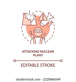 Attacking nuclear plant orange concept icon. Terrorism. Contamination accident cause abstract idea thin line illustration. Isolated outline drawing. Editable stroke. Arial, Myriad Pro-Bold fonts used
