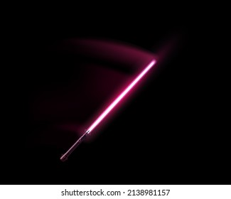 Attacking swing of the red lightsaber.
A futuristic sword with a light blade. Space melee weapon. Red glow trail on a dark background