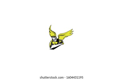 attacking warrior with weapons in his hands. wings behind. - vector