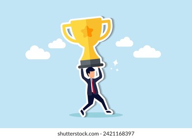 Attain big success, conquer large scale challenges, and strive for award winning efforts concept, confidence businessman entrepreneur carrying big winner trophy.