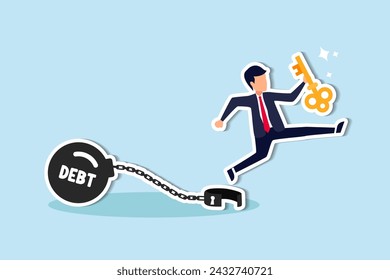 Attaining debt freedom involves paying off debts like loans or mortgages, utilizing financial solutions such as savings investments, happy businessman holding golden key after unlock debt burden chain
