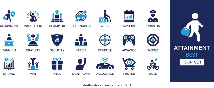 Attainment best solid icon set collection. Inspiration, champion, destination, work, improve, emission, winning, gratuity, security, target and vector illustration.