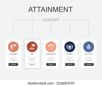 logro, objetivo, rendimiento, recompensa, iconos objetivos Plantilla de diseño infográfico. Concepto creativo con 5 pasos