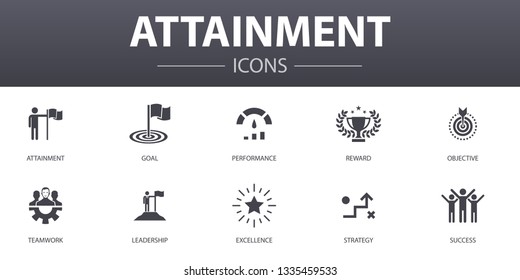 attainment simple concept icons set. Contains such icons as goal, leadership, objective, teamwork and more, can be used for web, logo, UI/UX