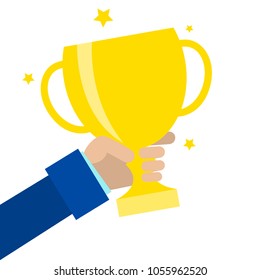 Attainment success vector illustration. Winner hands gold cup. Concept victory in business. Flat style.