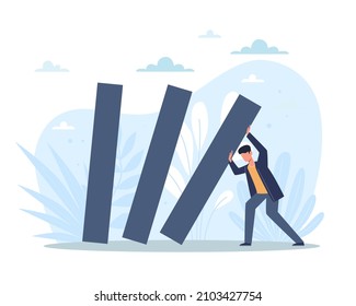 Attempt to prevent fall. Save situation. Lonely man trying to hold on wall, dominoes falling, hard pressure of troubles and problems, crisis in economic and life. Vector business concept