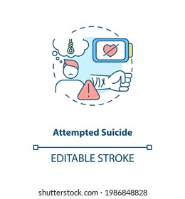 Attempted Suicide Concept Icon. Psychological Trauma, Suffering. Self Inflicted Harm. Mental Health Issue Idea Thin Line Illustration. Vector Isolated Outline RGB Color Drawing. Editable Stroke