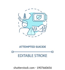 Versucht Suizid türkis Konzept Symbol. Psychologisches Trauma. Selbstverschuldeter Schaden. Psychische Gesundheit Thema Idee dünne Linie Illustration. Vektorgrafik einzeln Umriss RGB Farbzeichnung. Bearbeitbarer Hub