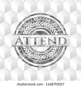 Attend realistic grey emblem with geometric cube white background