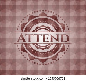 Attend red emblem or badge with abstract geometric pattern background. Seamless.