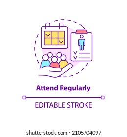 Attend regularly concept icon. Going to group therapy abstract idea thin line illustration. Participate in meeting. Isolated outline drawing. Editable stroke. Roboto-Medium, Myriad Pro-Bold fonts used