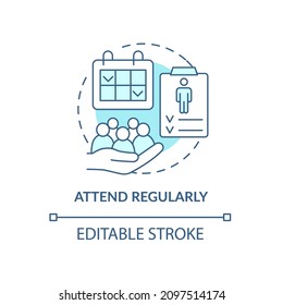 Attend regularly turquoise concept icon. Regular counseling session abstract idea thin line illustration. Isolated outline drawing. Editable stroke. Roboto-Medium, Myriad Pro-Bold fonts used