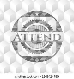 Attend retro style grey emblem with geometric cube white background
