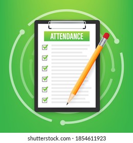 Attendance clipboard with checklist. Businessman holding document. Questionnaire, survey. Vector stock illustration.