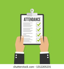 Attendance concept. Businessman holding checklist. Vector flat design