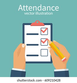 Attendance concept. Businessman holding checklist and pencil. Questionnaire, survey, clipboard, task list. Filling out forms, planning. Vector illustration flat design. Isolated on background.