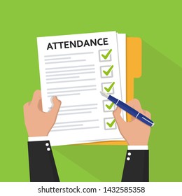 Attendance concept. Businessman holding document. Vector flat design