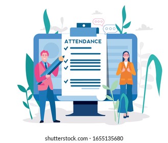 Attendance concept. Businessman near document clipboard with checklist.  Vector illustration for web banner, infographics, mobile. Questionnaire, survey, clipboard, task list. 