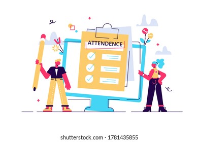 Attendance concept. Businessman near document clipboard with checklist. Vector illustration for web banner, infographics, mobile. Questionnaire, survey, clipboard, task list.