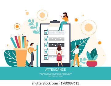 Attendance concept. Check list with done mard, businessman with questionnaire on clipboard. Flat Vector Illustration.