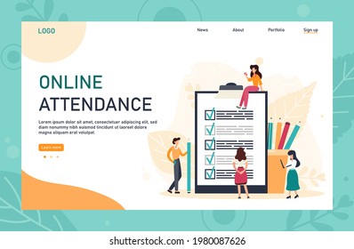 Attendance concept. Check list with done mard, businessman with questionnaire on clipboard. Flat Vector Illustration for web banner, infographics, mobile.