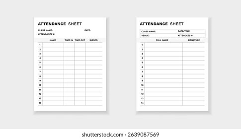 Attendance sheet form template with spaces for names, signatures, and time to track student presence.