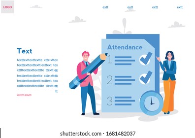 Attendance. Woman and Businessman holding pencil. . document with checklist. Vector illustration for web banner, infographics, mobile. Questionnaire, survey, clipboard, task list. 