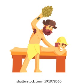 Attendant Hitting A Guy Laying On Bench With Bunch Of Green Birch Tree Twigs, Part Of Russian Steam House Series Of Flat Funny Cartoon Illustrations