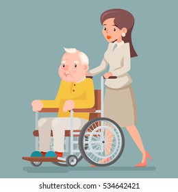 Attendant Nurse Caring for Elderly Wheelchair Old Man Character Sit Adult Icon Design Vector Illustration