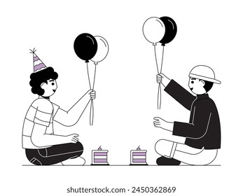 Attending a birthday party with friends and getting balloons and a piece of cake, vector illustration.