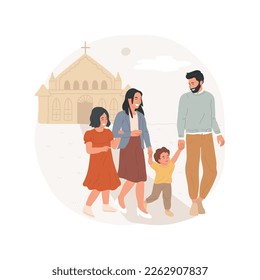 Asistiendo a la iglesia aislada ilustración vectorial de dibujos animados. Familia con niños yendo a la iglesia, inculcando la fe de la infancia, rituales cotidianos de creencia cristiana, devoción a dibujos animados vectores de fe.