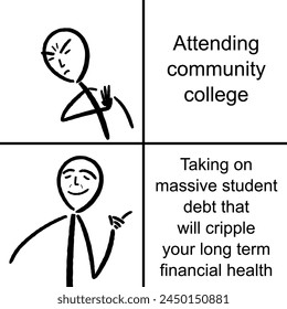 Attending community college vs taking on massive student loan. Funny meme for social media sharing.