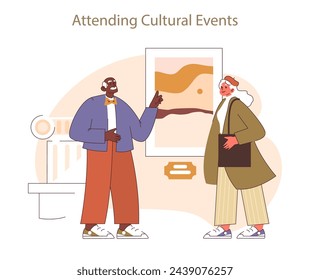 Attending cultural events concept. Sophisticated seniors appreciating art, enriching retirement with elegance and education. Lifelong pursuit of cultural appreciation depicted.