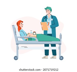 Attending Doctor Talking To Patient In Hospital Ward, Flat Cartoon Vector Illustration Isolated On White Background. Patient Lying In Bed And His Doctor Characters.