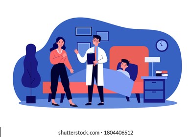 Attending medical doctor talking with worried mother. Child, bed, flu flat vector illustration. Medical care and treatment concept for banner, website design or landing web page