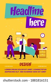 Attending medical doctor talking with worried mother. Child, bed, flu flat vector illustration. Medical care and treatment concept for banner, website design or landing web page