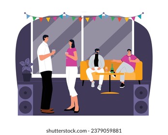 Attending a meeting with work friends, drinking party in a nightclub, nightlife entertainment, vector illustration.