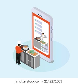 Attending online cooking class on a mobile phone isometric 3d vector illustration for banner, website, illustration, landing page, template, etc