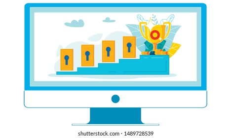 Attending Online Seminar, Lesson Flat Illustration. Cartoon Service Loyalty Program, Reward System On Computer Screen. Vector Web, Internet Remote Job Career Ladder, Promotion Ranks