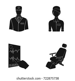 The attending physician, the nurse, the cardiogram of the heart, the dental chair. Medicineset collection icons in black style vector symbol stock illustration web.